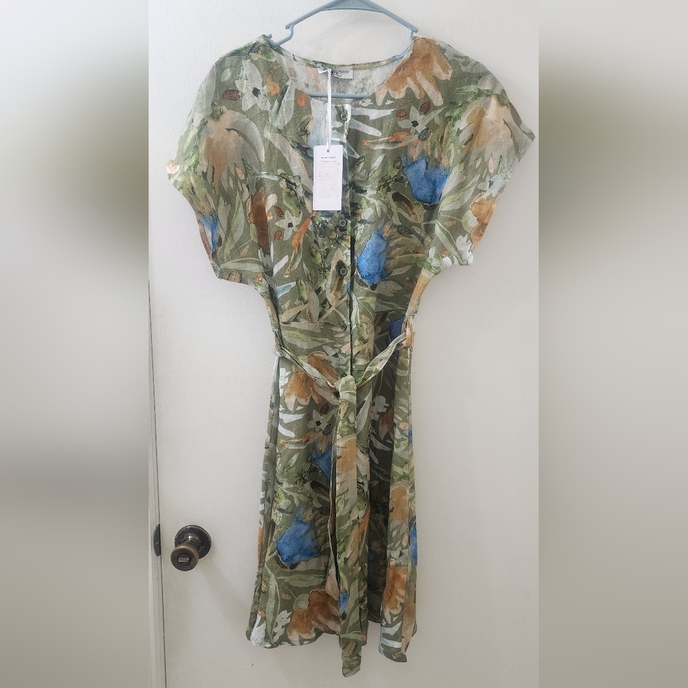 New Le Ragazze Green Floral Watercolor Tie-Waist Dress,‎ Size Large, Linen.